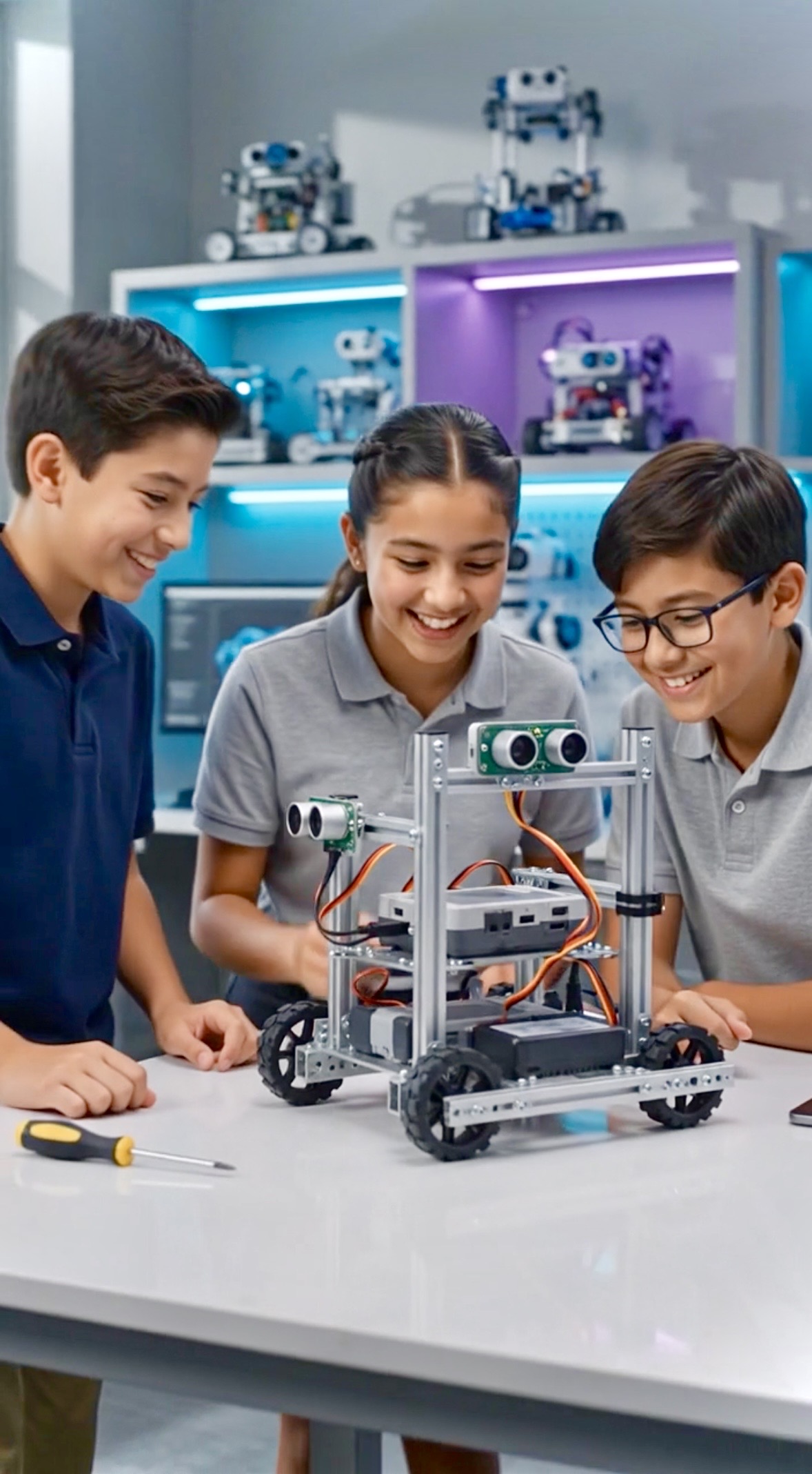 Students building a robot together